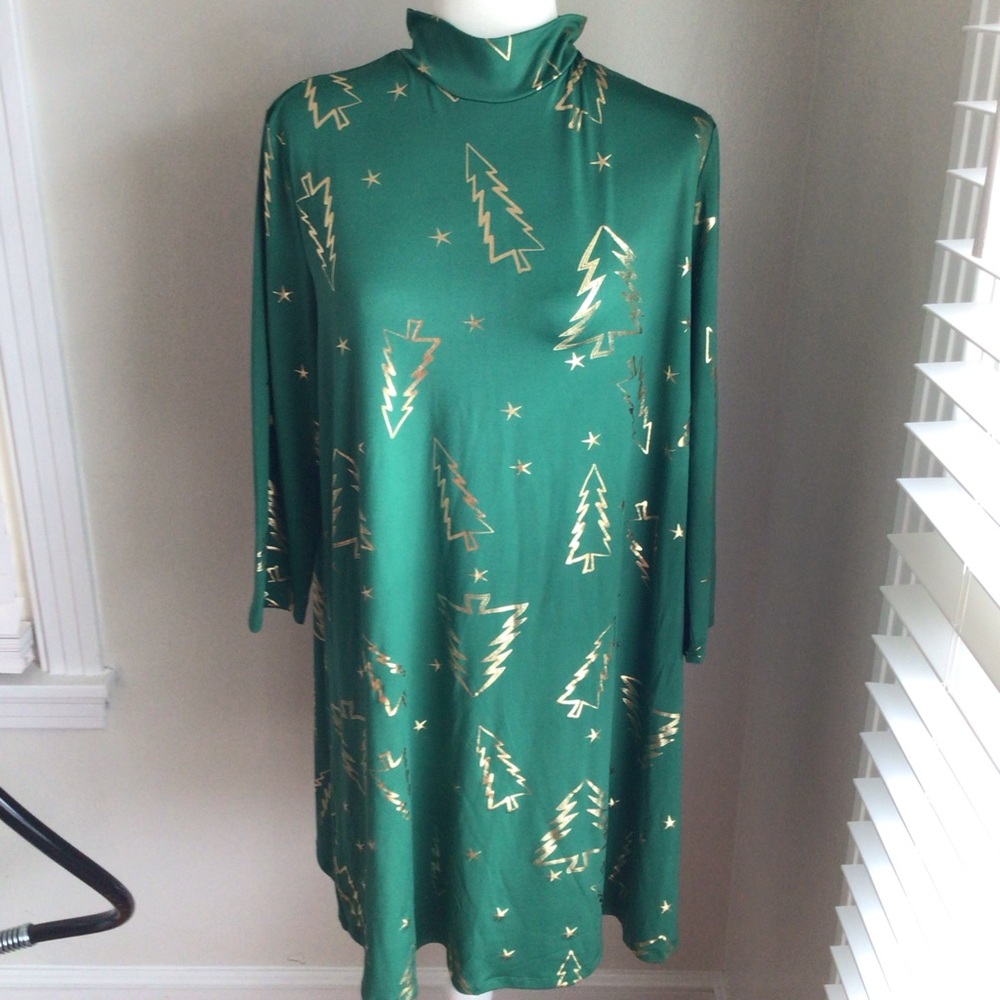 NWT Jollidays 3/4 Sleeve Mock Neck Dress with Gold Christmas Trees